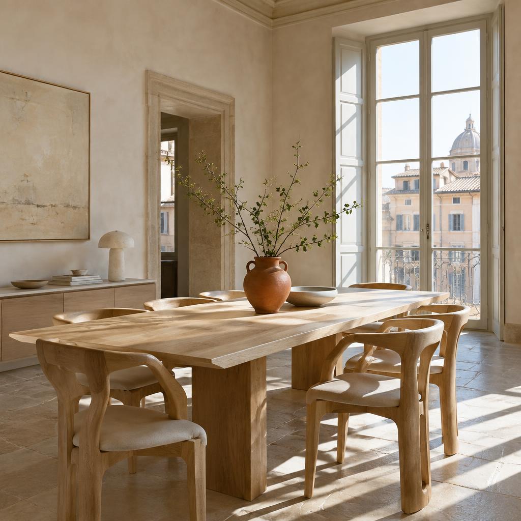 Progetto immaginario Casa Luce: sala da pranzo luminosa con tavolo in legno e grandi finestre