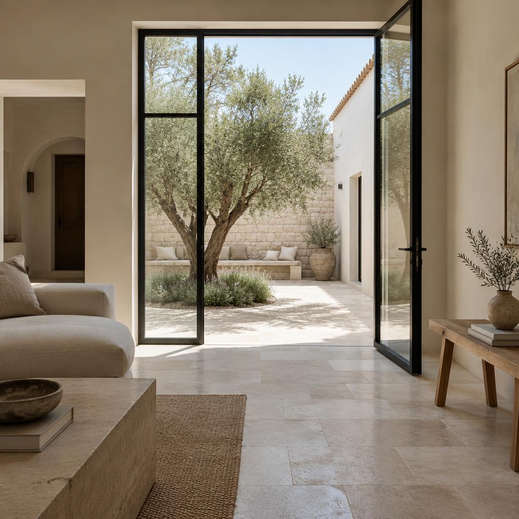 Progetto immaginario Corte Interna: soggiorno aperto su un cortile con un ulivo