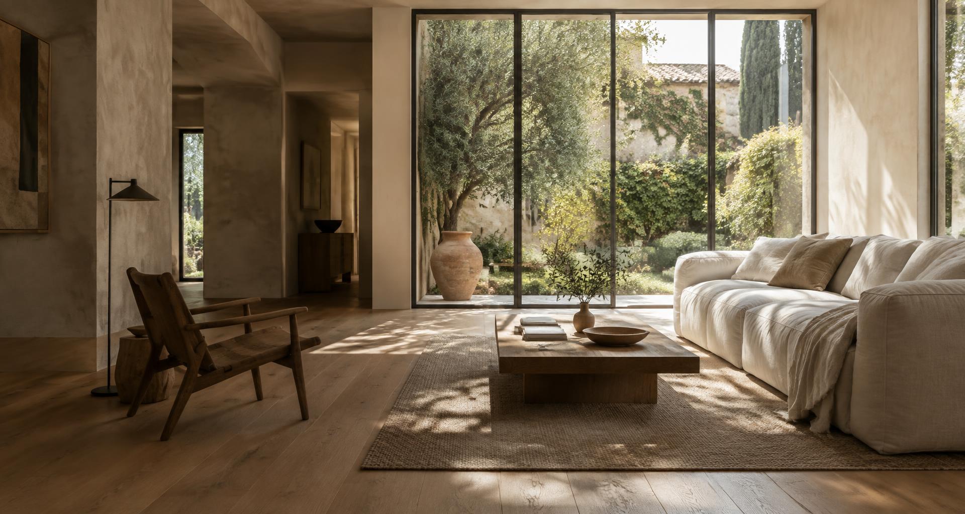 Soggiorno immaginario con materiali naturali e grandi vetrate affacciate sul verde