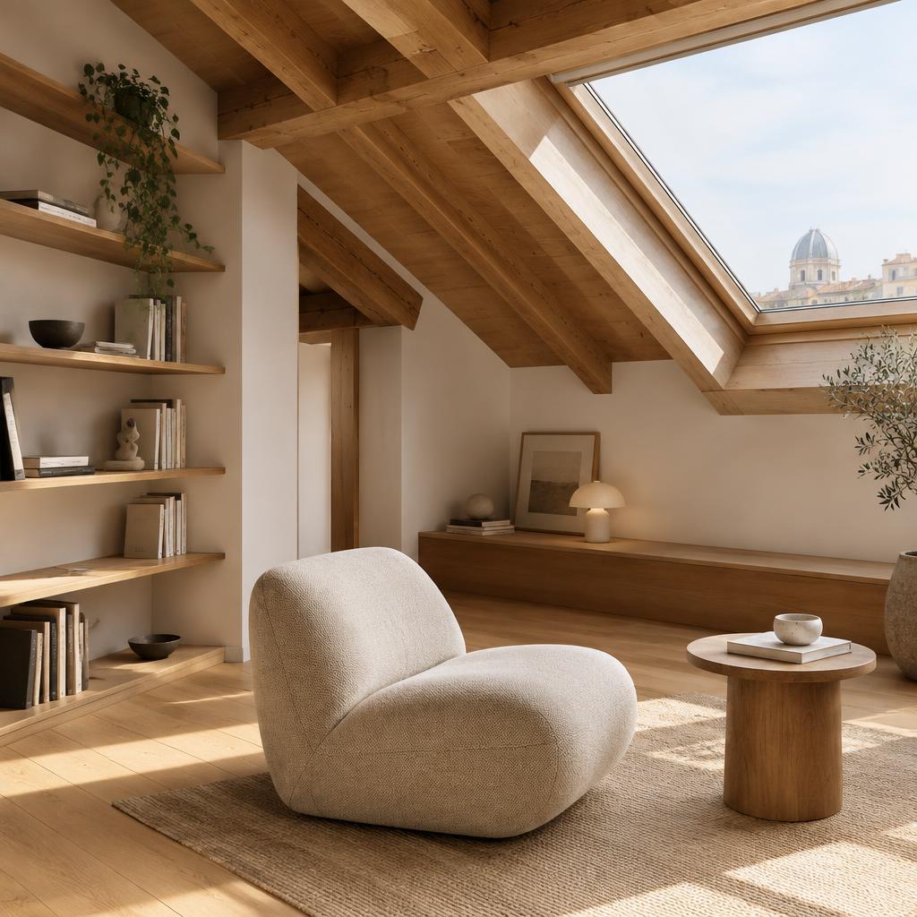 Progetto immaginario Sotto il Cielo: mansarda con travi in legno, poltrona e lucernario